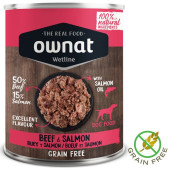 100% Натурална, консервирана храна за кучета OWNAT WETLINE Beef and Salmon БЕЗ ЗЪРНО,  с 50% прясно телешко месо, 15% сьомга и 5% червени боровинки